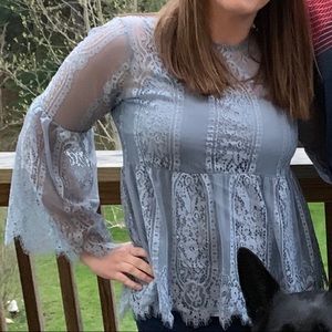 Blue lace bell sleeve shirt